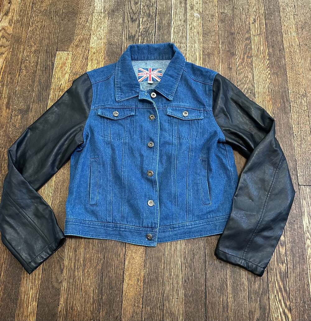 Miss London Denim Jacket with Faux Leather Sleeves Size XL